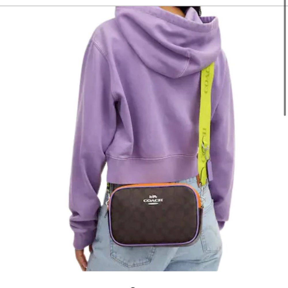 Coach Jamie camera bag in neon block color with matching card case